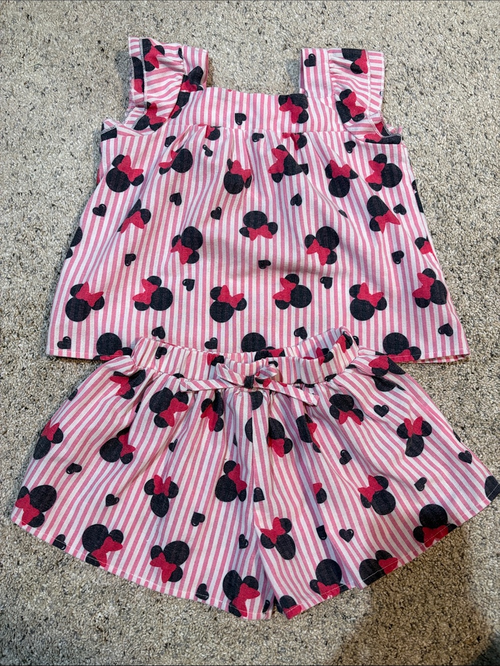 Disney Pink & Black Minnie Mouse Striped Girls Matching Top and Shorts